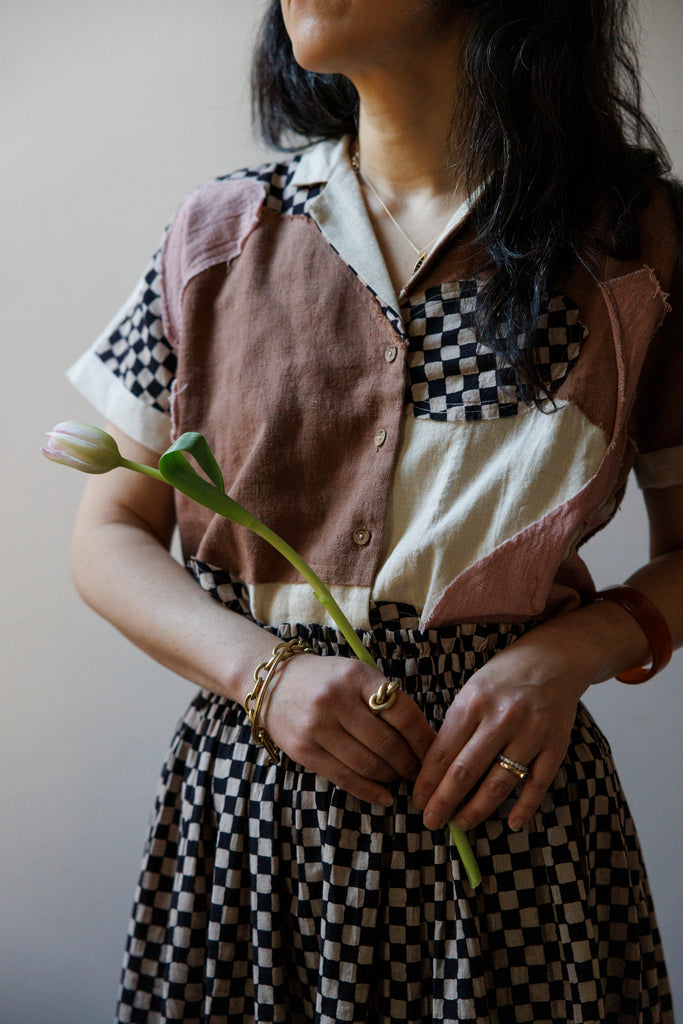 Boro-Boro shirt made with stitching together patches of different fabrics, desert colors, cotton buttons, shirt in collaboration between Erica Kim and World of Crow