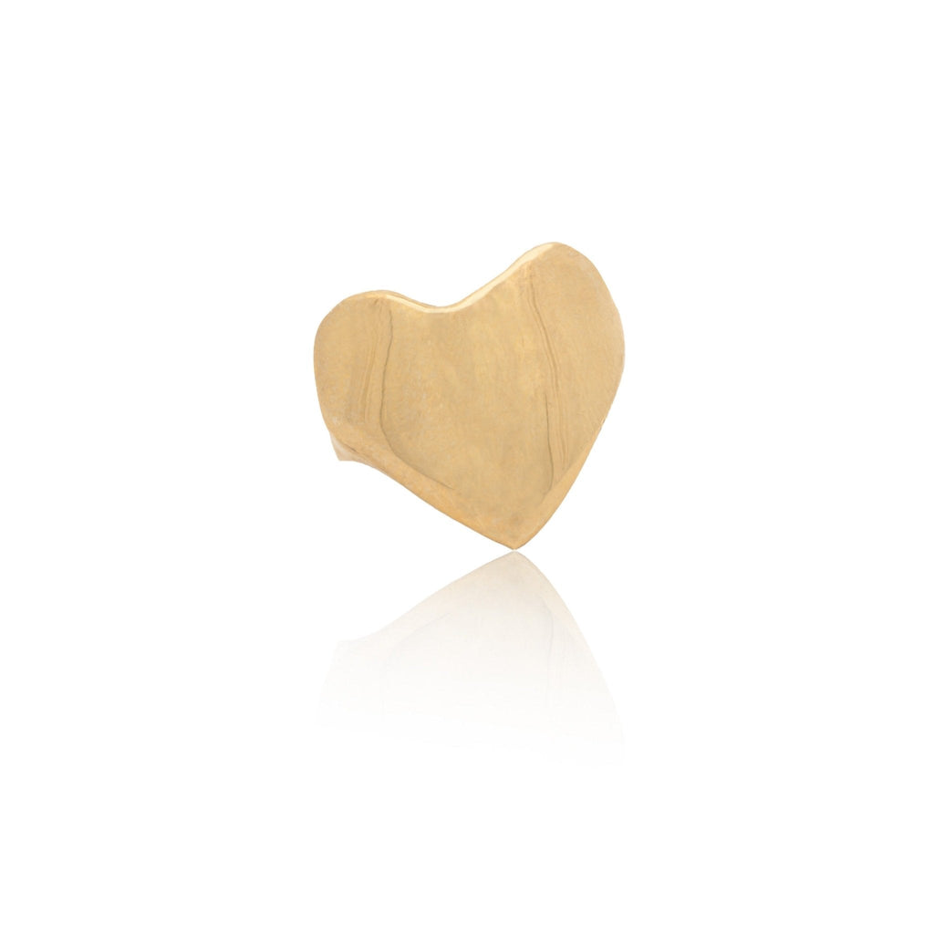 Introducing the Eros Gold Heart Signet Ring, a chunky heart-shaped ring crafted from an original wax sculpture, perfect for any occasion. Inspired by the Greek god of love, this timeless accessory is made from recycled metals and is available in gold, brass, or silver. With its organic shape and surface, this ring serves as a gentle reminder to love yourself.