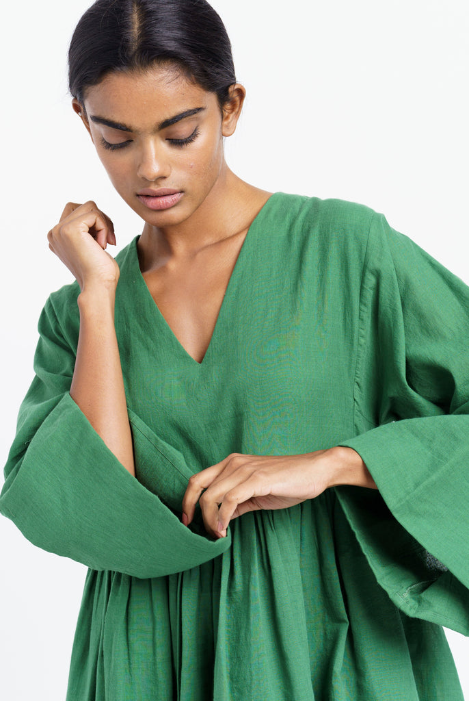 Basil green gathered midi dress, best sustainable women's clothing, clothing brands sustainable, organic jackets women's, women's organic dresses, cotton clothing website, organic cotton women's clothing, organic women's shirts, women's natural fiber clothing, minimal online shop, minimal store online