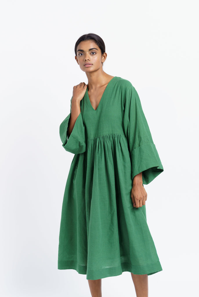 Basil green gathered midi dress, best sustainable women's clothing, clothing brands sustainable, organic jackets women's, women's organic dresses, cotton clothing website, organic cotton women's clothing, organic women's shirts, women's natural fiber clothing, minimal online shop, minimal store online