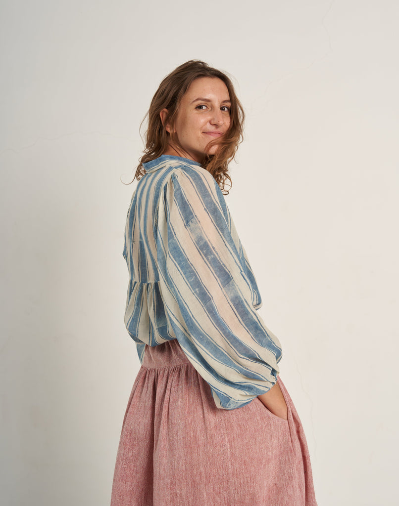 Women Indigo Striped Oversized Hand Woven Cotton Shirt At World of Crow