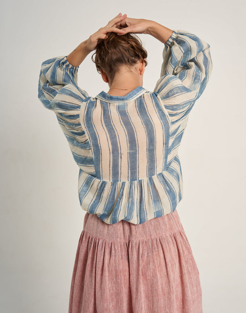 Back Side Indigo Striped Oversized Summer Shirt for Women At World of Crow