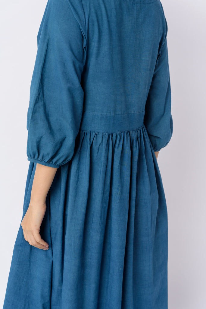 Indigo gathered midi dress, eco fashion brands, ethical and sustainable clothing brands, best organic clothing, organic clothes shop, 100 cotton women's clothing, 100 percent cotton clothing, women's 100 cotton, organic cotton women's tops, minimalist brands women's, minimalist casual dresses