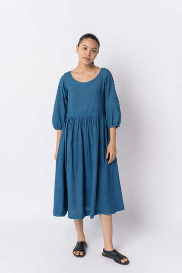 Indigo gathered midi dress, eco fashion brands, ethical and sustainable clothing brands, best organic clothing, organic clothes shop, 100 cotton women's clothing, 100 percent cotton clothing, women's 100 cotton, organic cotton women's tops, minimalist brands women's, minimalist casual dresses